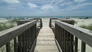 A wooden boardwalk leading to a beach with umbrellas and people in the distance.