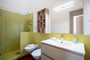 Shower, hair dryer, bidet, towels