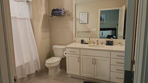 Hair dryer, towels, soap, toilet paper