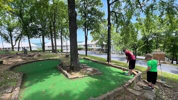 Ein Minigolfplatz mit grünem Spielbereich, umgeben von Bäumen und einer Steinsicht.