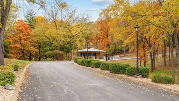 A paved road curving through a park with autumn foliage, a small building with a roof, and two street lamps.