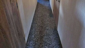 En smal gang med tæppebelagte gulve, træpaneler og en loftlampe.