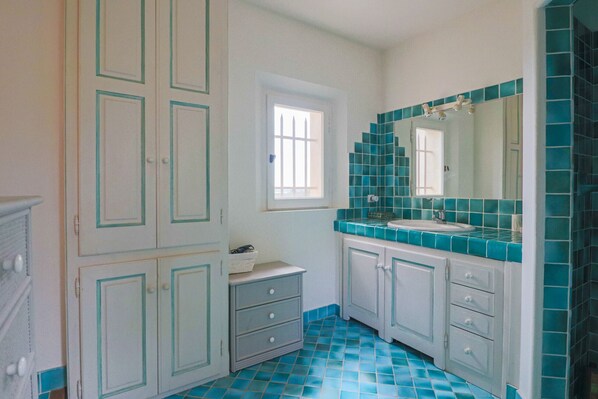 Shower, hair dryer, towels