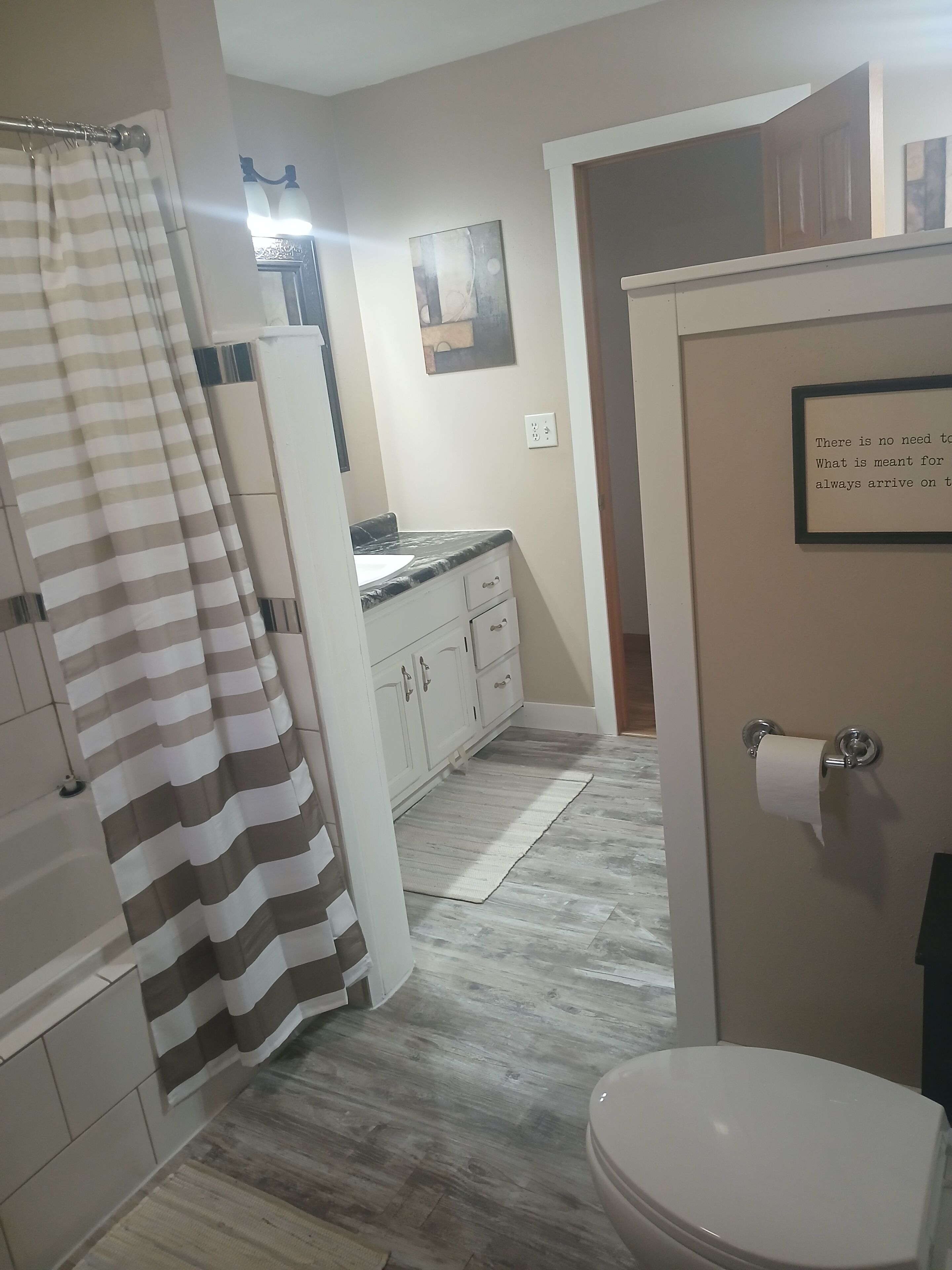 Shower, towels, soap, toilet paper