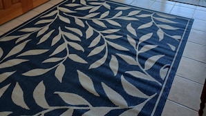 A room with a wooden door, a glass door leading outside, and a blue and white patterned rug.