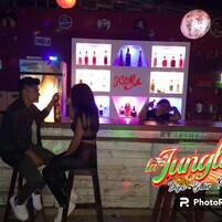 Un bar con un letrero de neón que dice "la Jungle Disco - Billar" y estantes llenos de botellas.