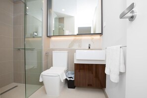 Shower, hair dryer, towels