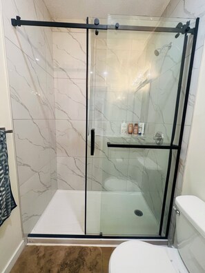 Shower, bidet, towels, soap