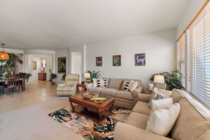 Smart TV, fireplace, books, stereo