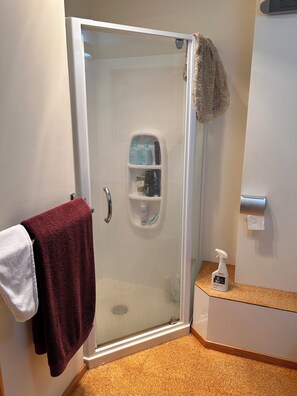 Une douche avec une porte en verre, un porte-serviettes avec une serviette rouge et une petite étagère avec des articles de toilette.