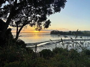 Une vue sur un coucher de soleil au-dessus d’une rivière, avec des arbres et de la végétation au premier plan.