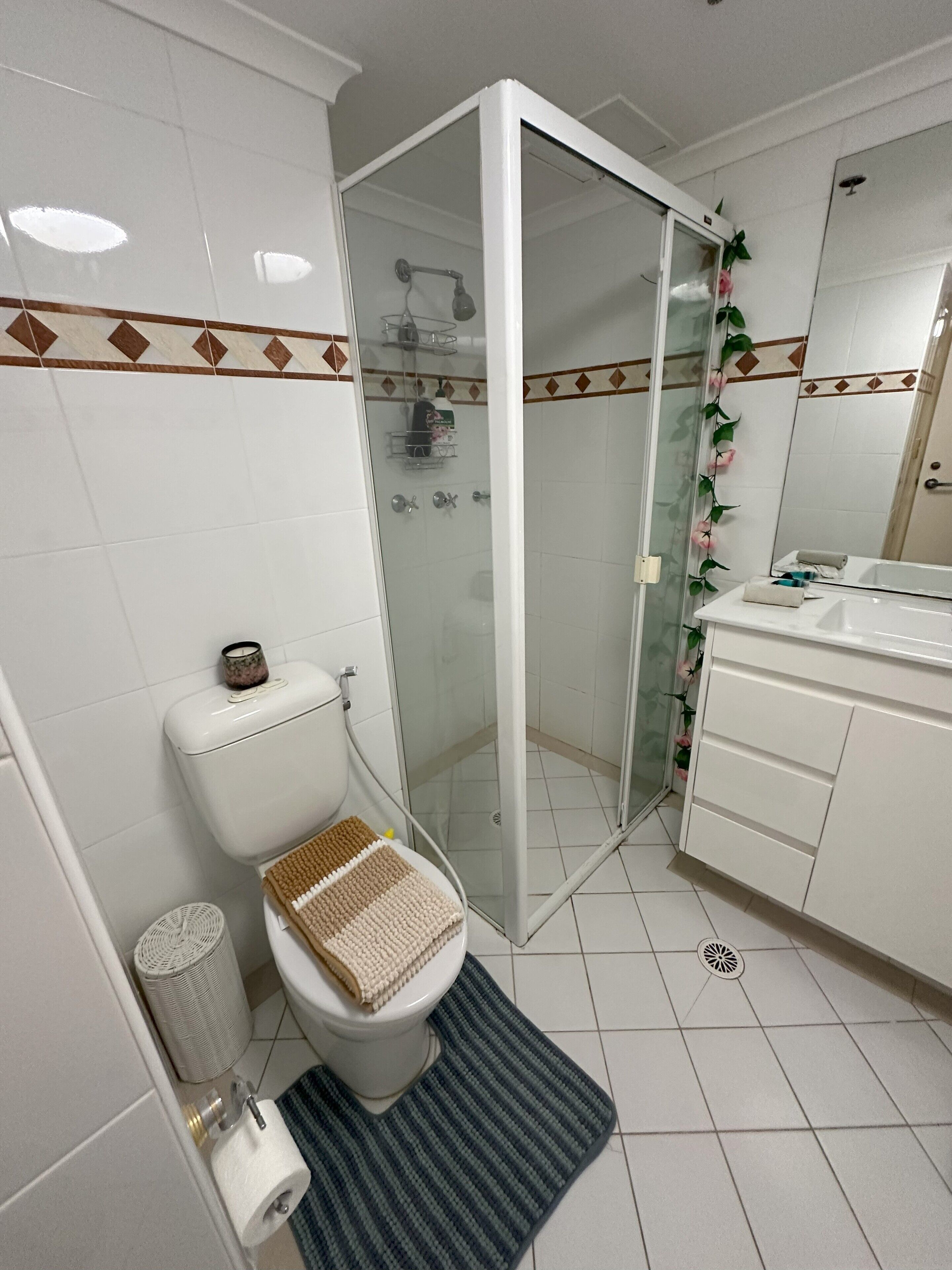 Hair dryer, towels, soap, toilet paper