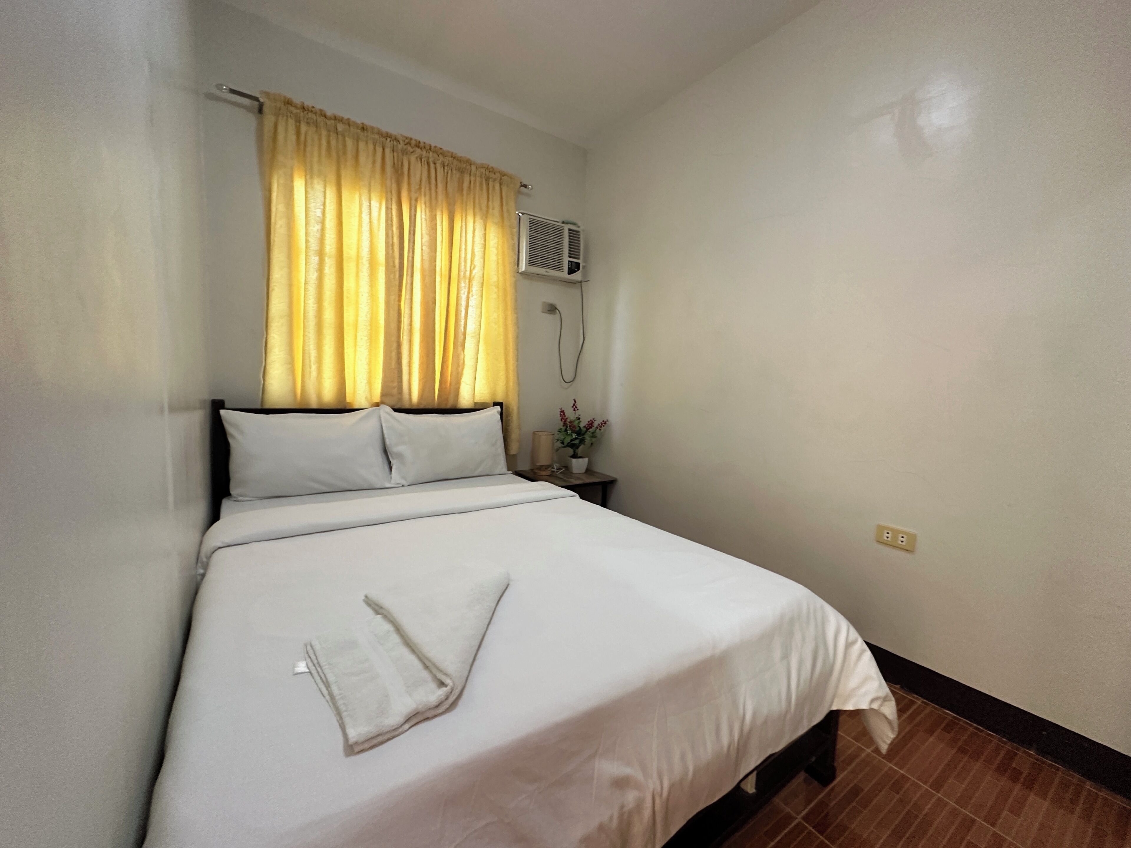 A hotel room with a bed, a nightstand, a potted plant, and a window with curtains.