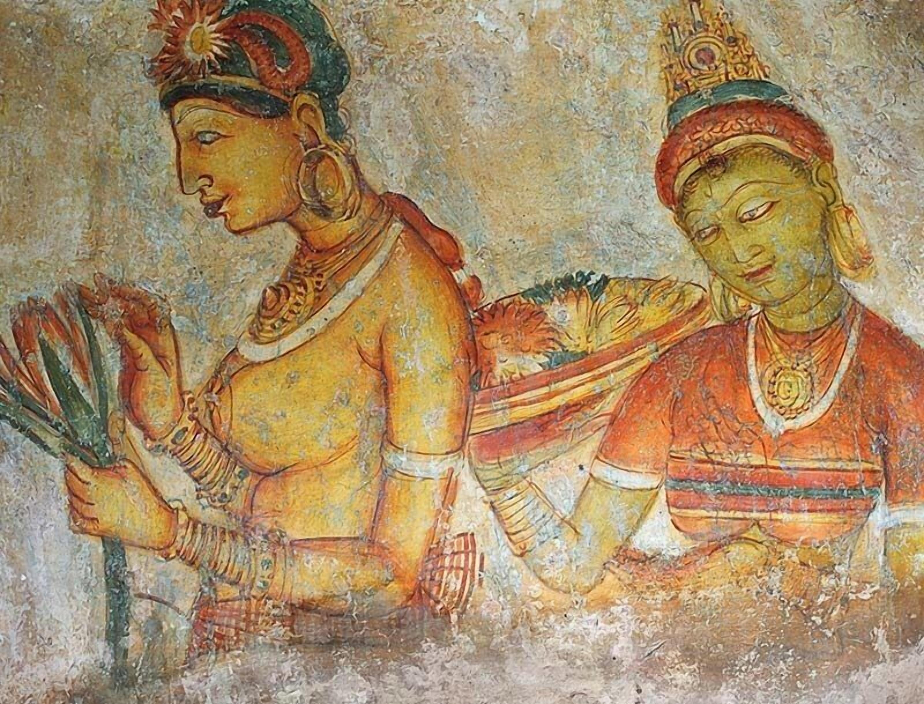 A mural with two figures in traditional attire, one holding a fan and the other a flower.