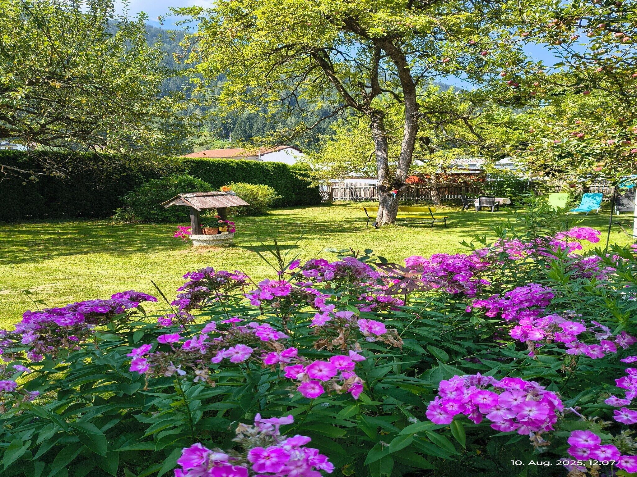 Un jardin agrémenté d’un belvédère, d’une végétation luxuriante et d’un ciel dégagé.