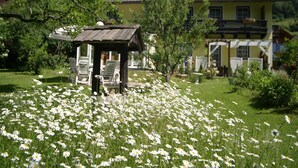 Ein Haus mit einem Garten voller Margeriten, einer Laube und einem Balkon mit Blick auf den Garten.