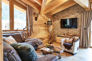 Télévision, cheminée, chaîne hi-fi