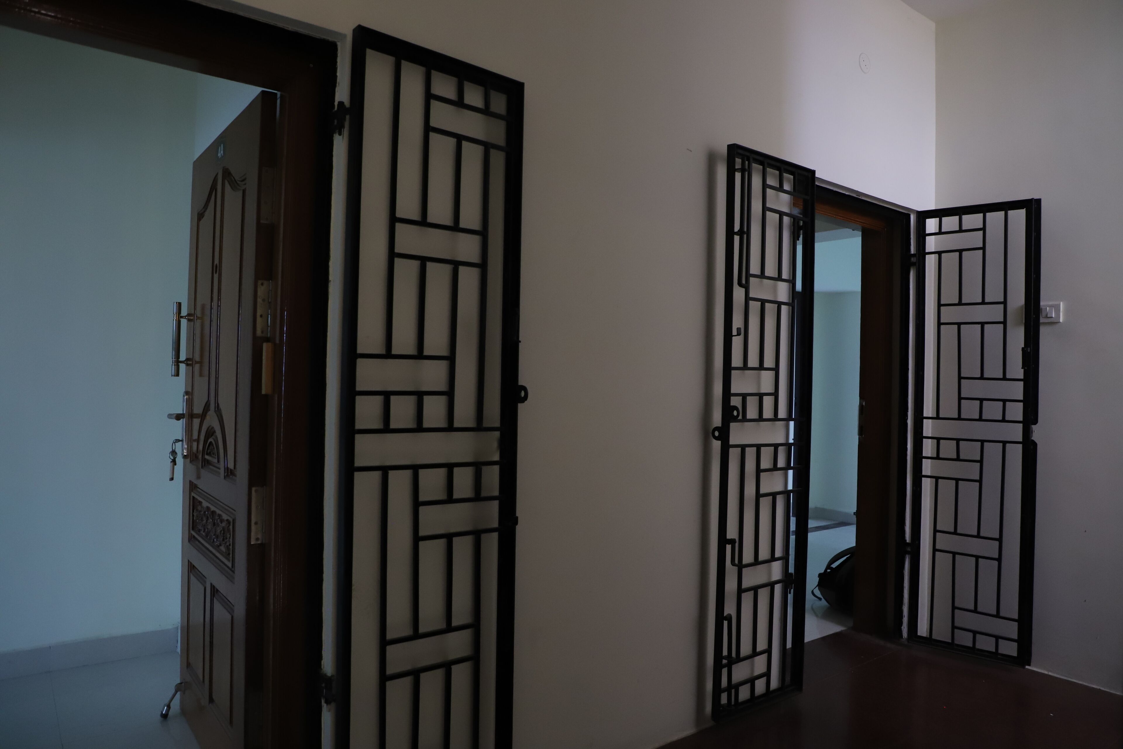A hallway with a wooden door and a mirrored wall.