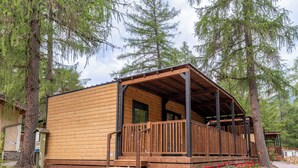 A wooden cabin with a porch, surrounded by trees. - Club del Sole Val di Fiemme  (Bellamonte)