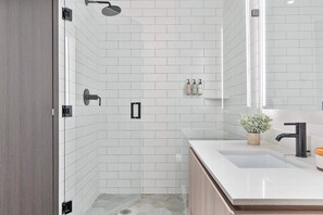 Shower, hair dryer, towels, shampoo