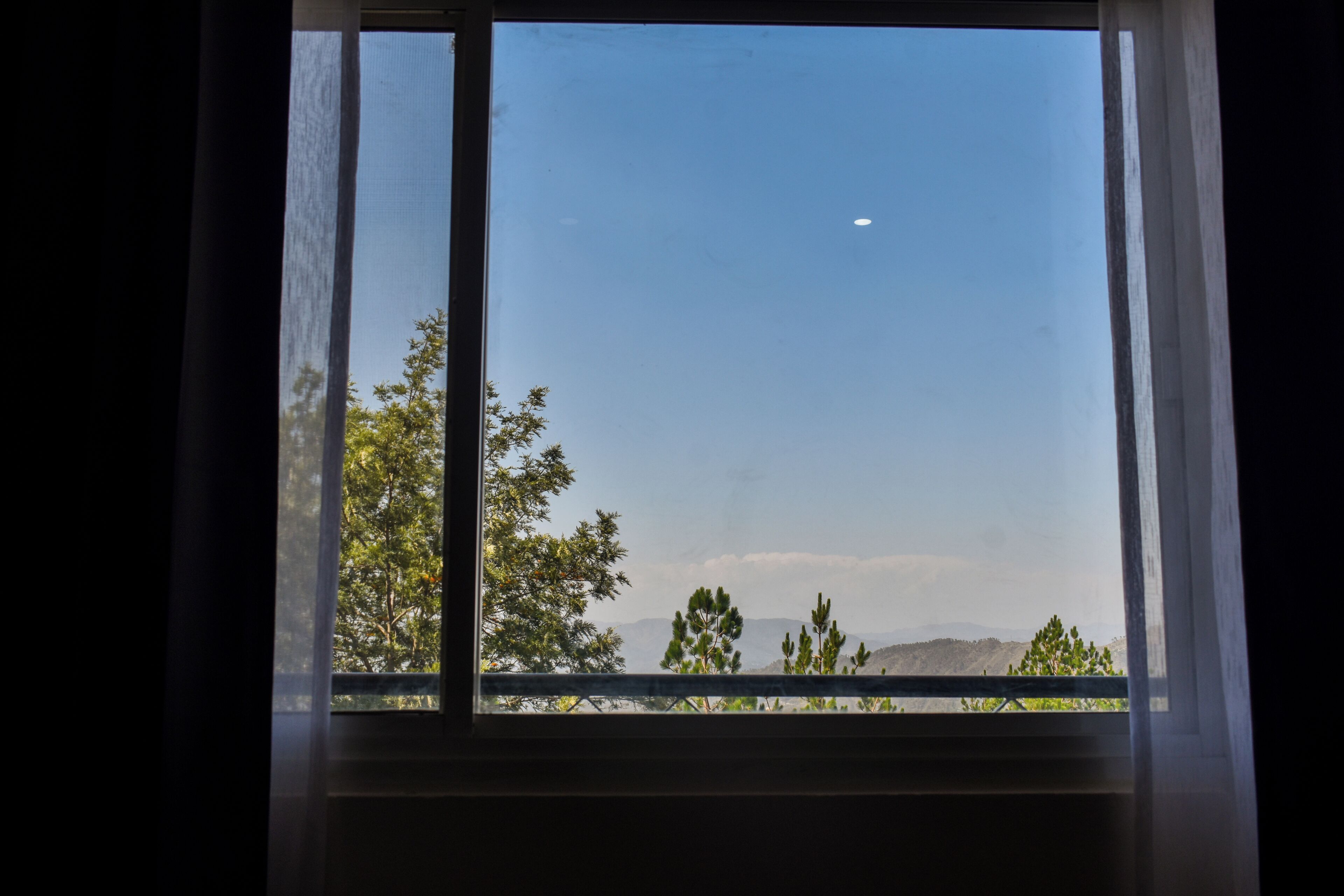 A window with a view of trees and a mountain range.