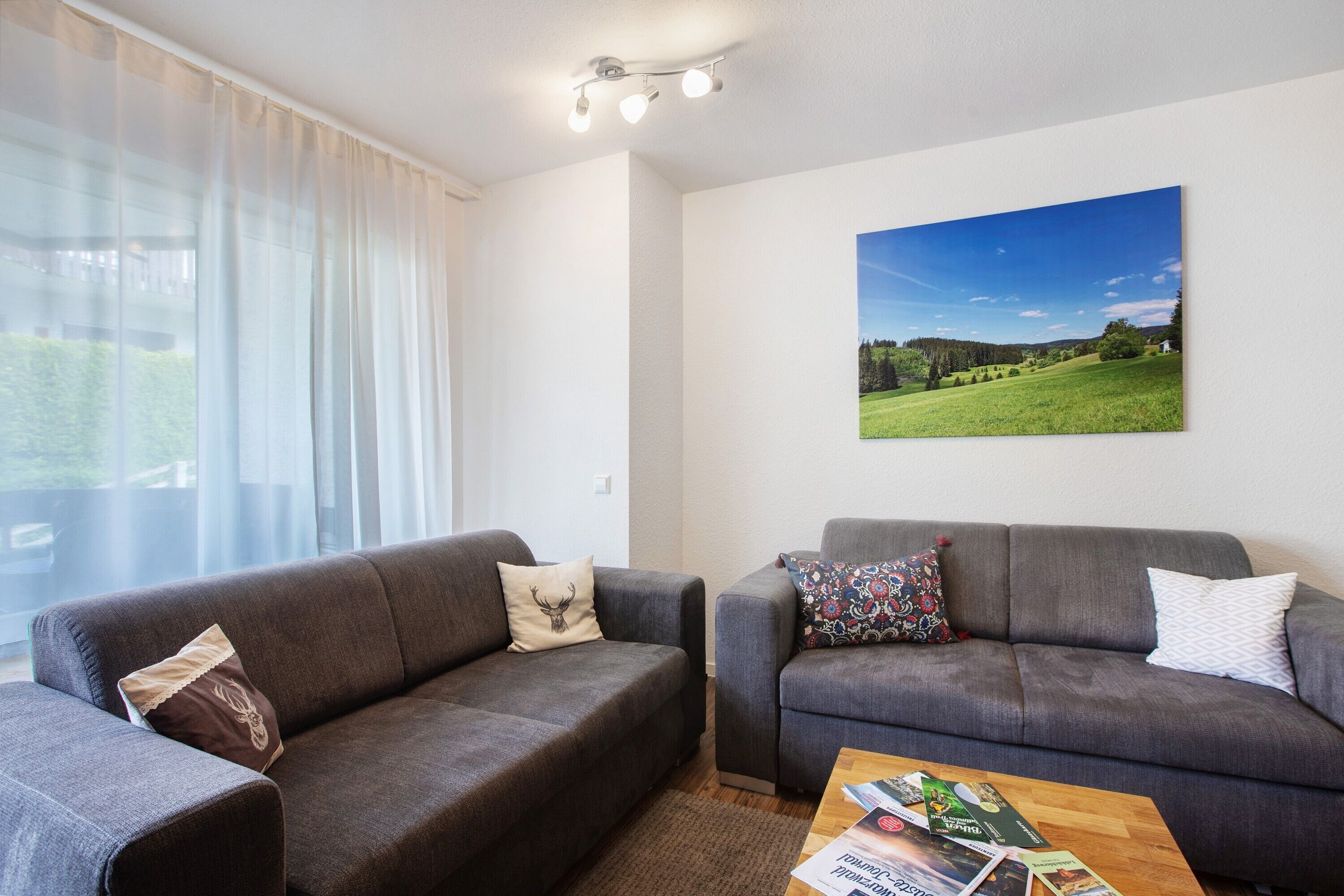 Un salon avec deux canapés gris, une table basse avec des magazines, une grande fenêtre ornée de rideaux légers et un tableau représentant un paysage accroché au mur.