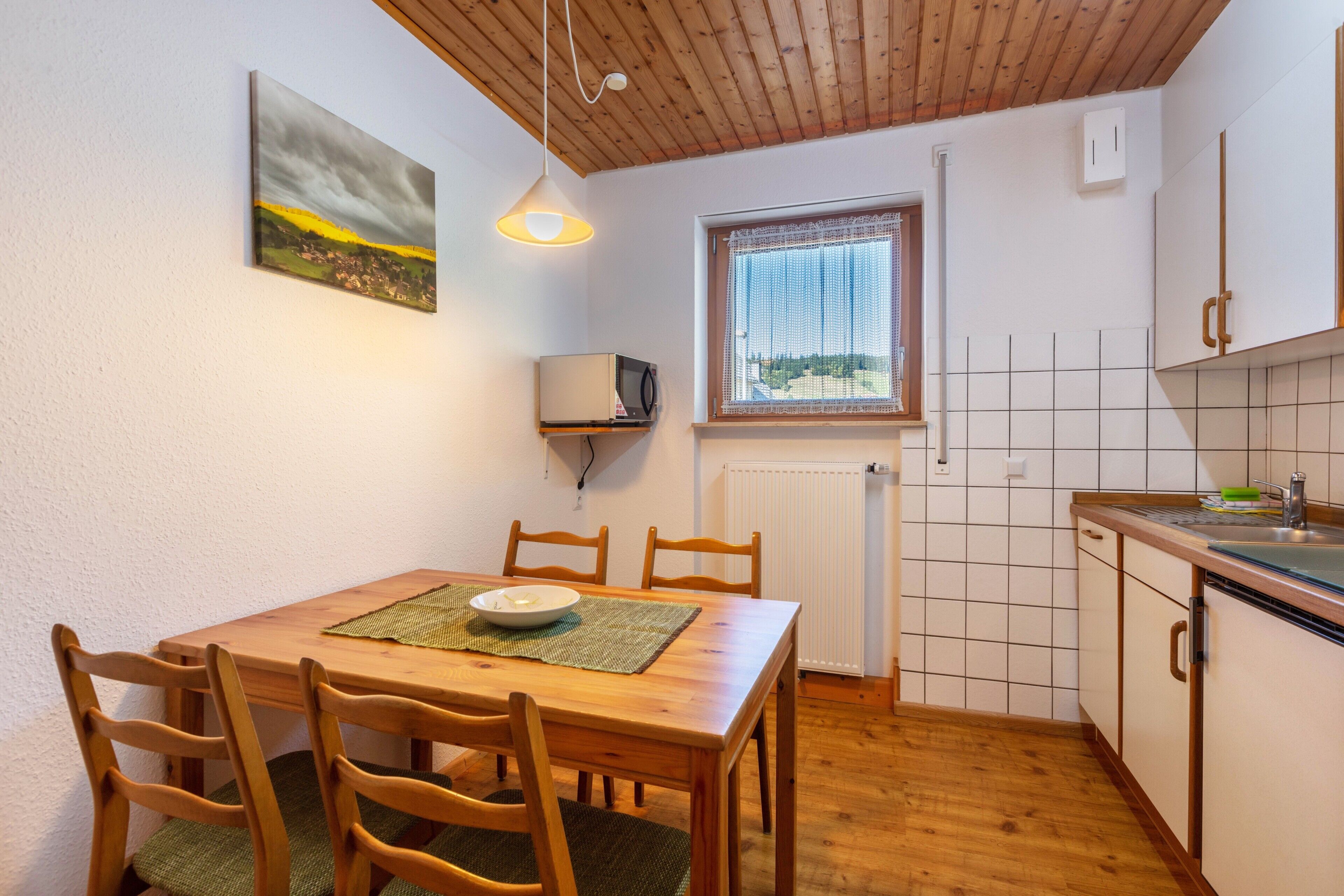 Un coin repas avec une table et des chaises en bois, une petite télévision et une fenêtre donnant sur un paysage agréable.