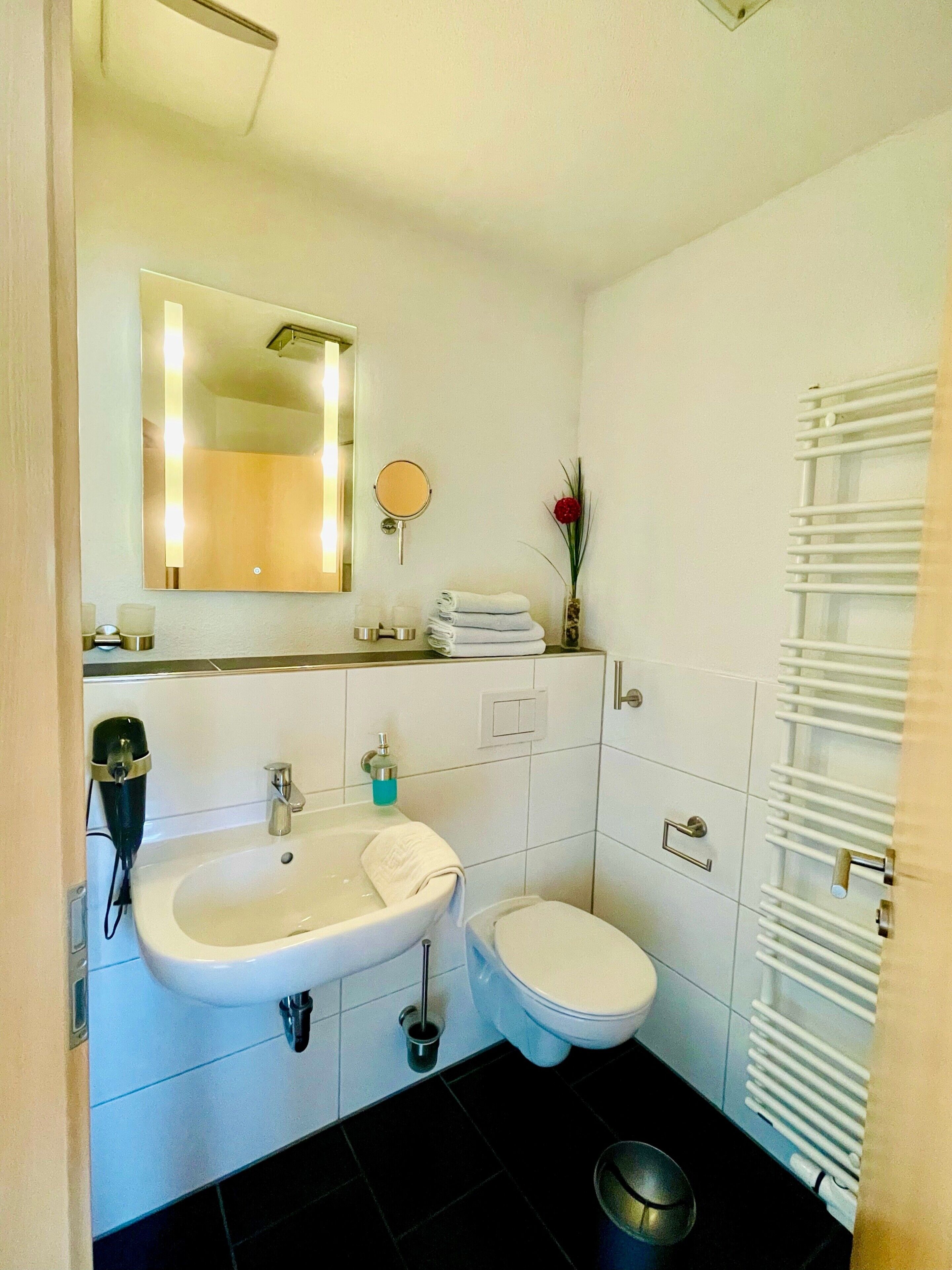 Un baño con lavamanos, inodoro, espejo y toallero.