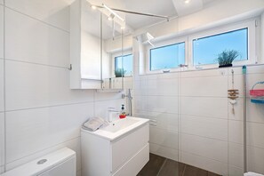 Shower, hair dryer, towels