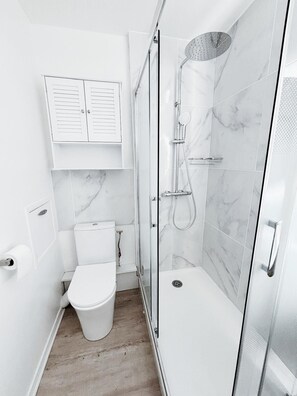 Shower, hair dryer, towels, soap