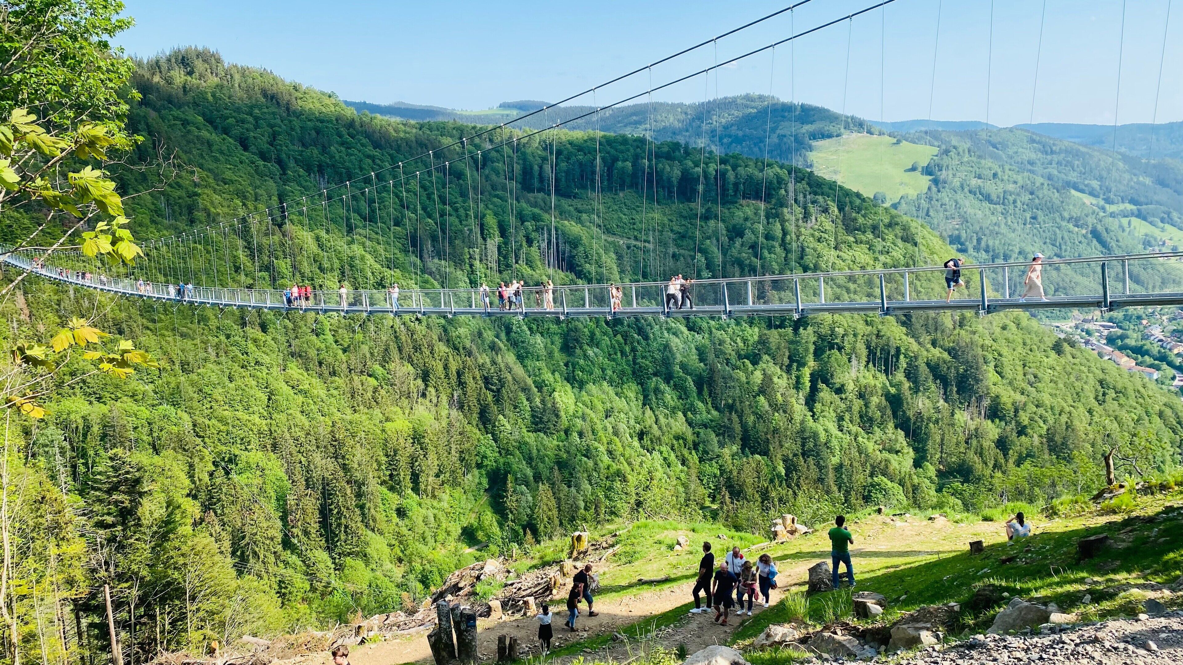 Un puente colgante sobre un valle cubierto de bosque, con gente caminando.