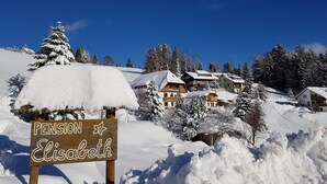 A snow-covered landscape with a wooden sign reading 'PENSION Elisabeth' in front of a row of houses. - Pension Elisabeth Double Room No. 3 with Breakfast Included (Todtnau)