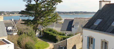 A coastal town with stone buildings, a large tree, and a view of the sea.