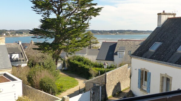 A coastal town with stone buildings, a large tree, and a view of the sea.