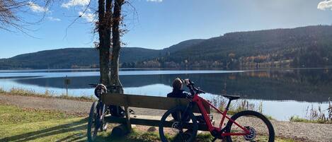 A bench by a lake with a bicycle and helmet.