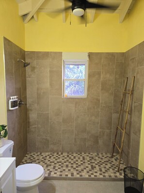 Shower, hair dryer, towels, soap