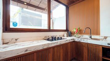 Exclusive Villa, 3 Bedrooms, Private Pool | Private kitchen | Full-sized fridge, microwave, stovetop, electric kettle