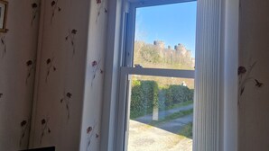 A room with floral wallpaper, a window with blinds, and a view of a castle in the distance.