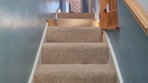 A carpeted staircase with wooden handrails, leading to a door with a patterned curtain.