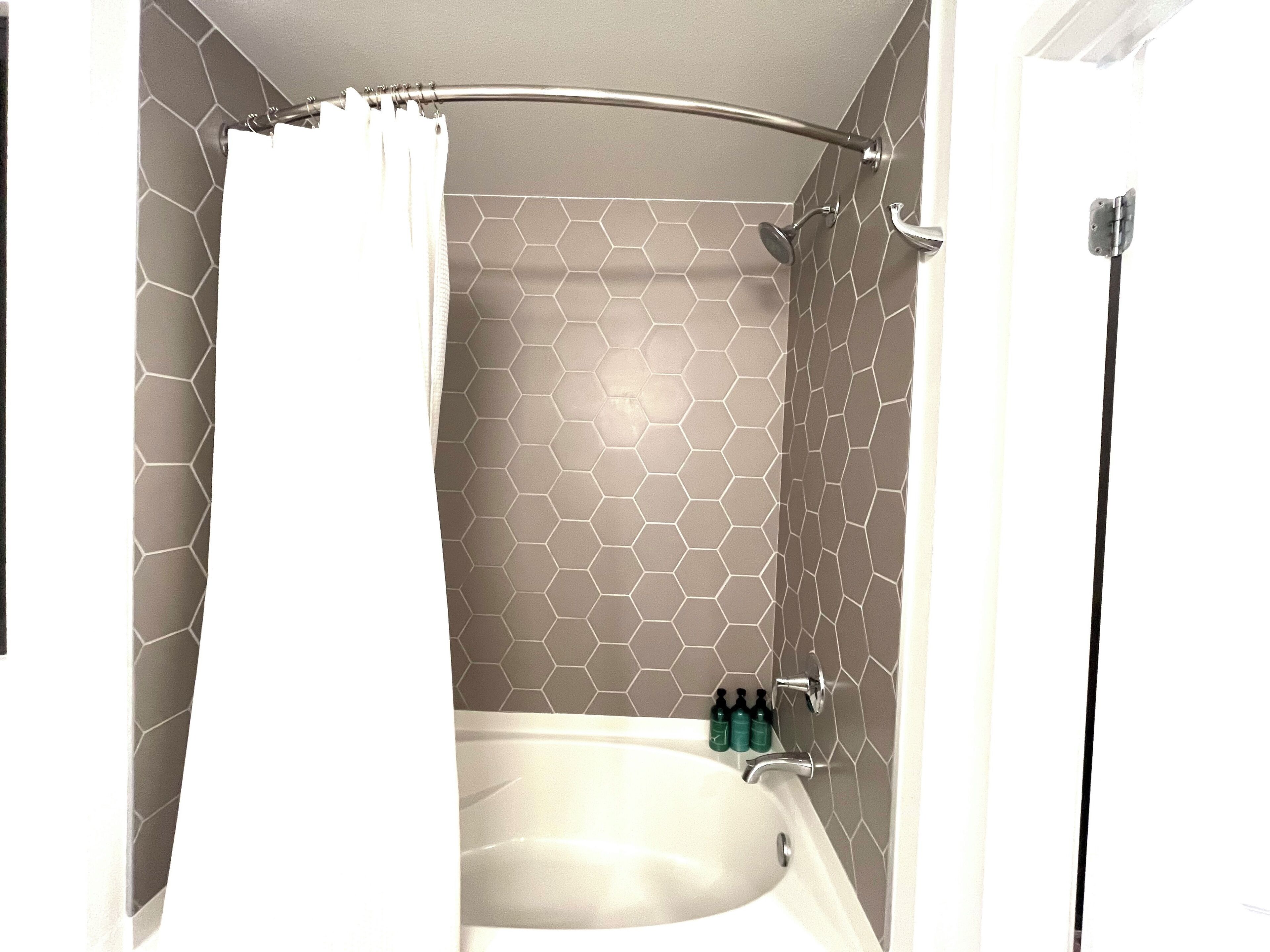 Hair dryer, towels, soap, toilet paper