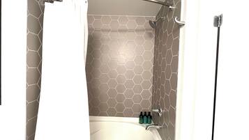 Hair dryer, towels, soap, toilet paper