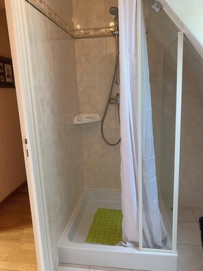 Shower, towels, toilet paper