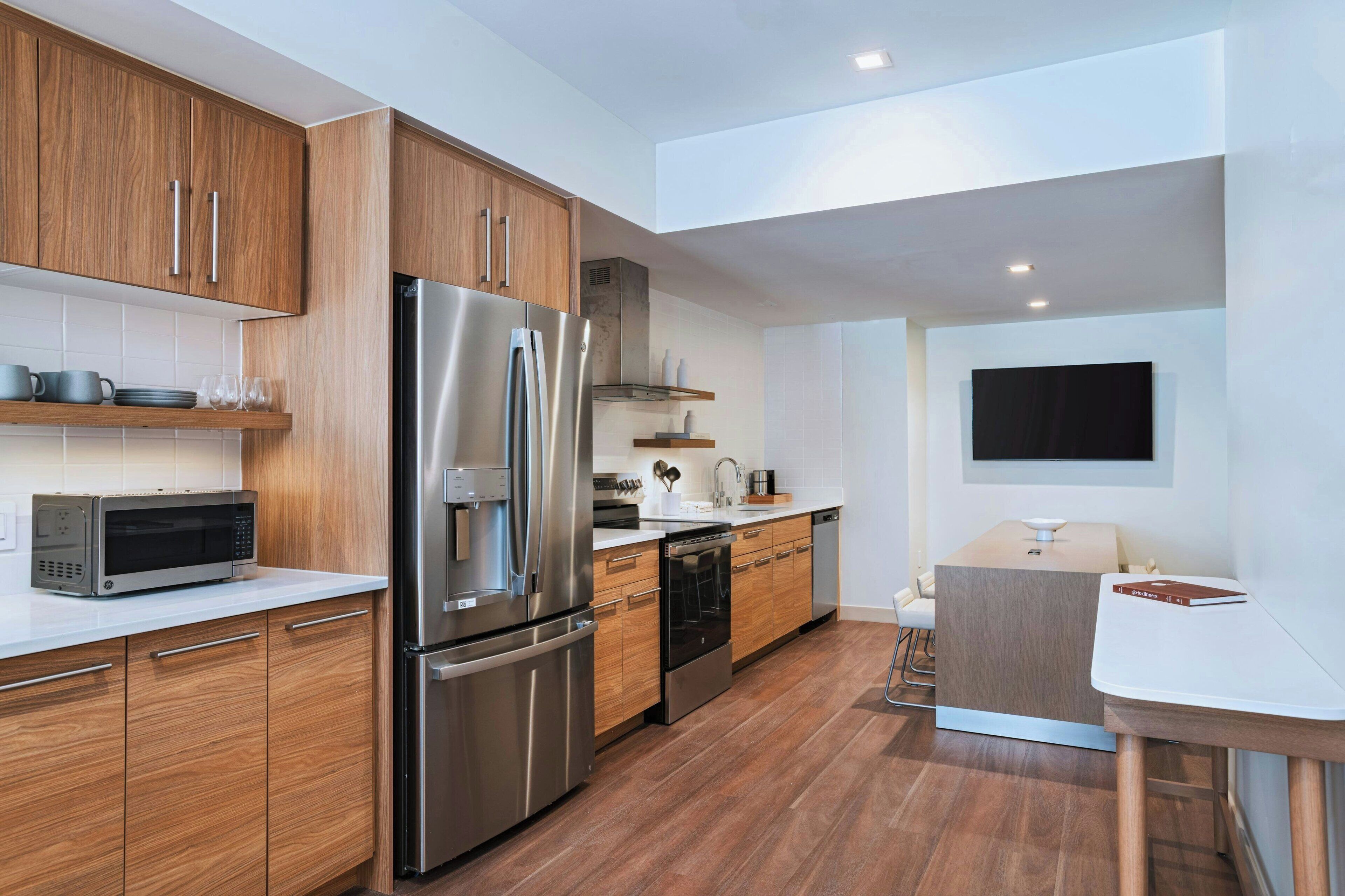 Desk, laptop workspace, blackout drapes, iron/ironing board