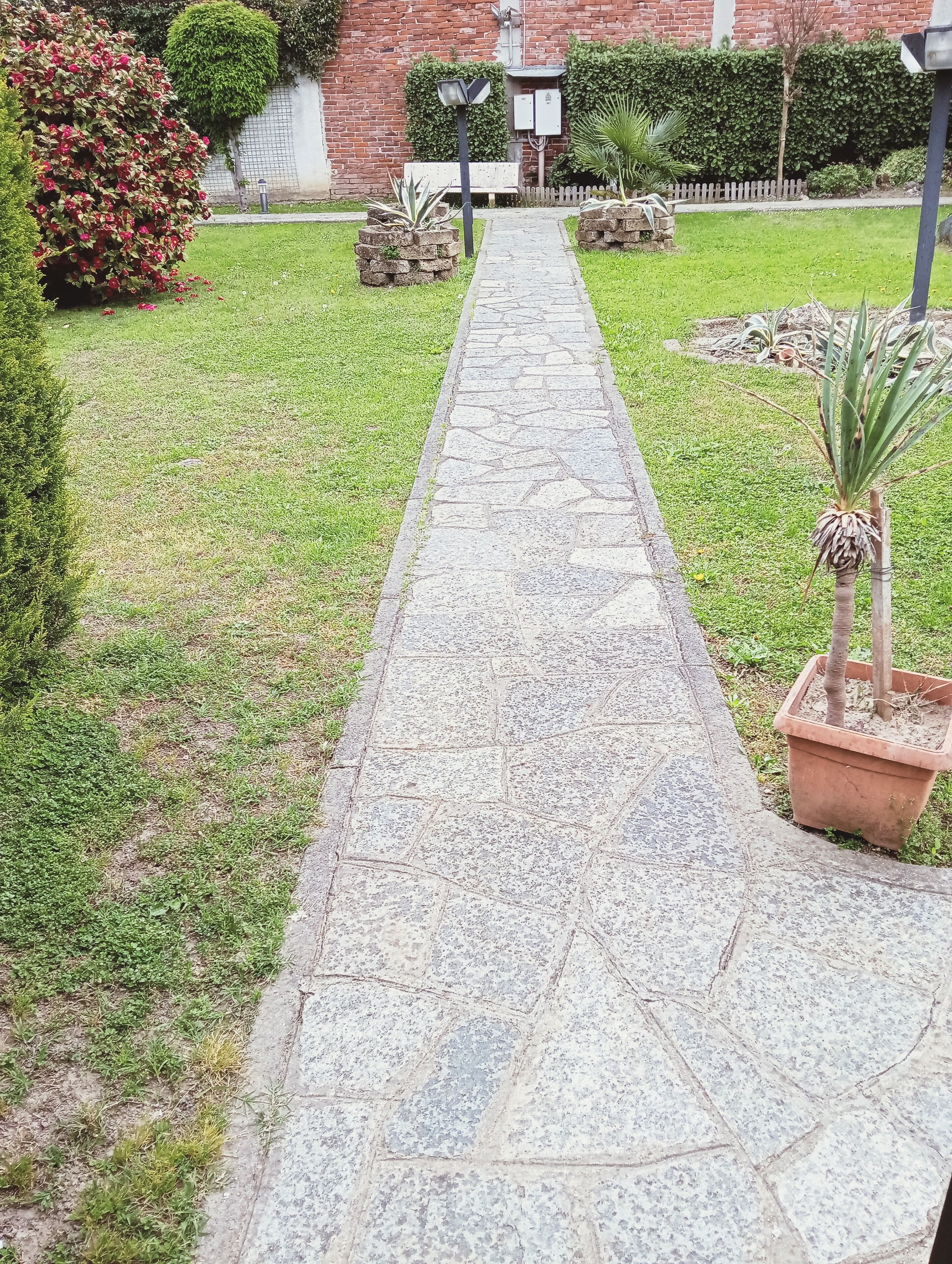 A stone pathway leading to a bench in a well-maintained garden with a brick wall and greenery in the background.