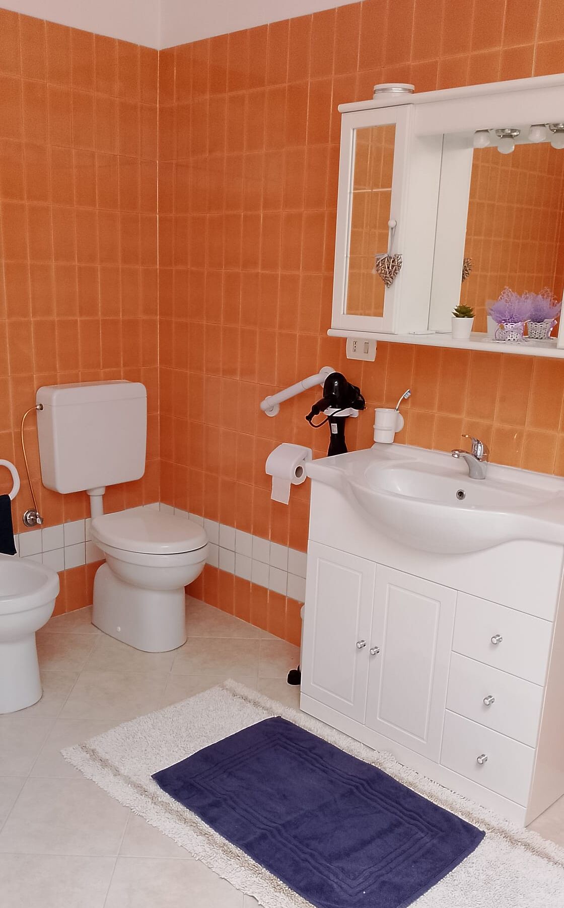 A bathroom with an orange tiled wall, a white toilet, a bidet, a sink with a mirror above it, and a blue rug on the floor.