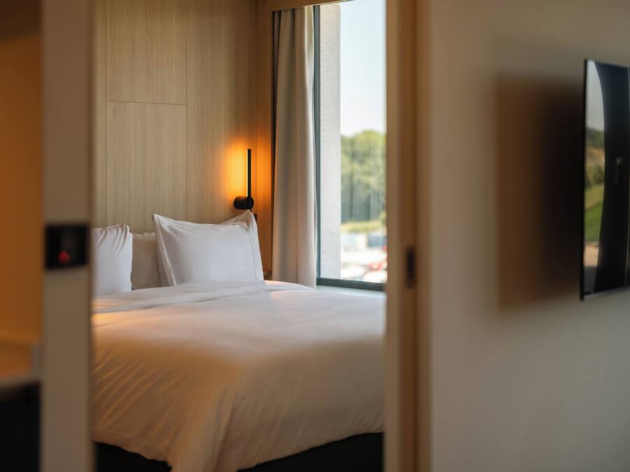 A hotel room with a bed, a wall-mounted TV, and a window with a view of greenery.