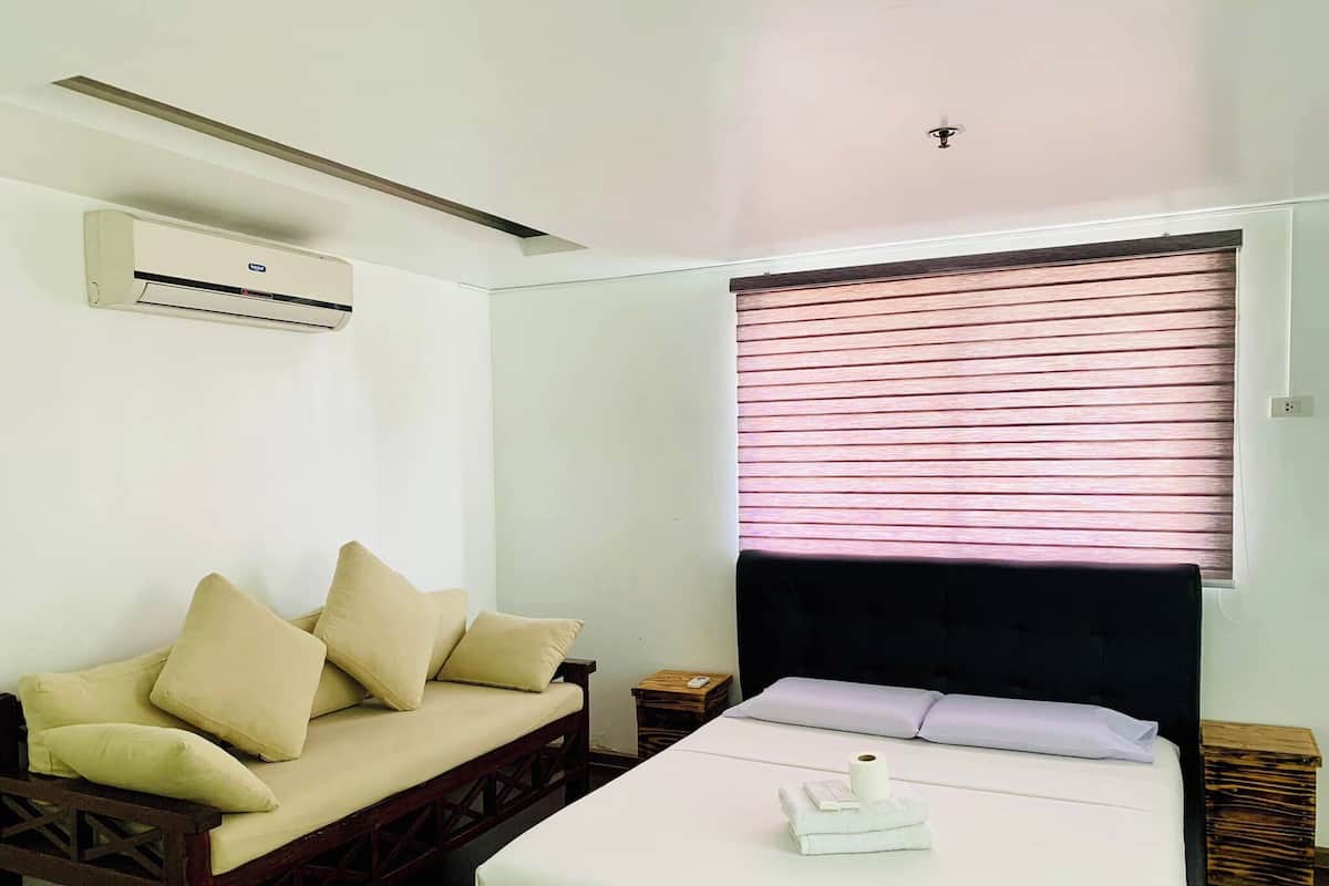 A room with a bed, a sofa with cushions, an air conditioning unit, and a window with blinds.