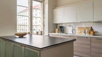 Apartamento, vistas a la ciudad | Cocina privada | Frigorífico grande, microondas, horno y placa de cocina
