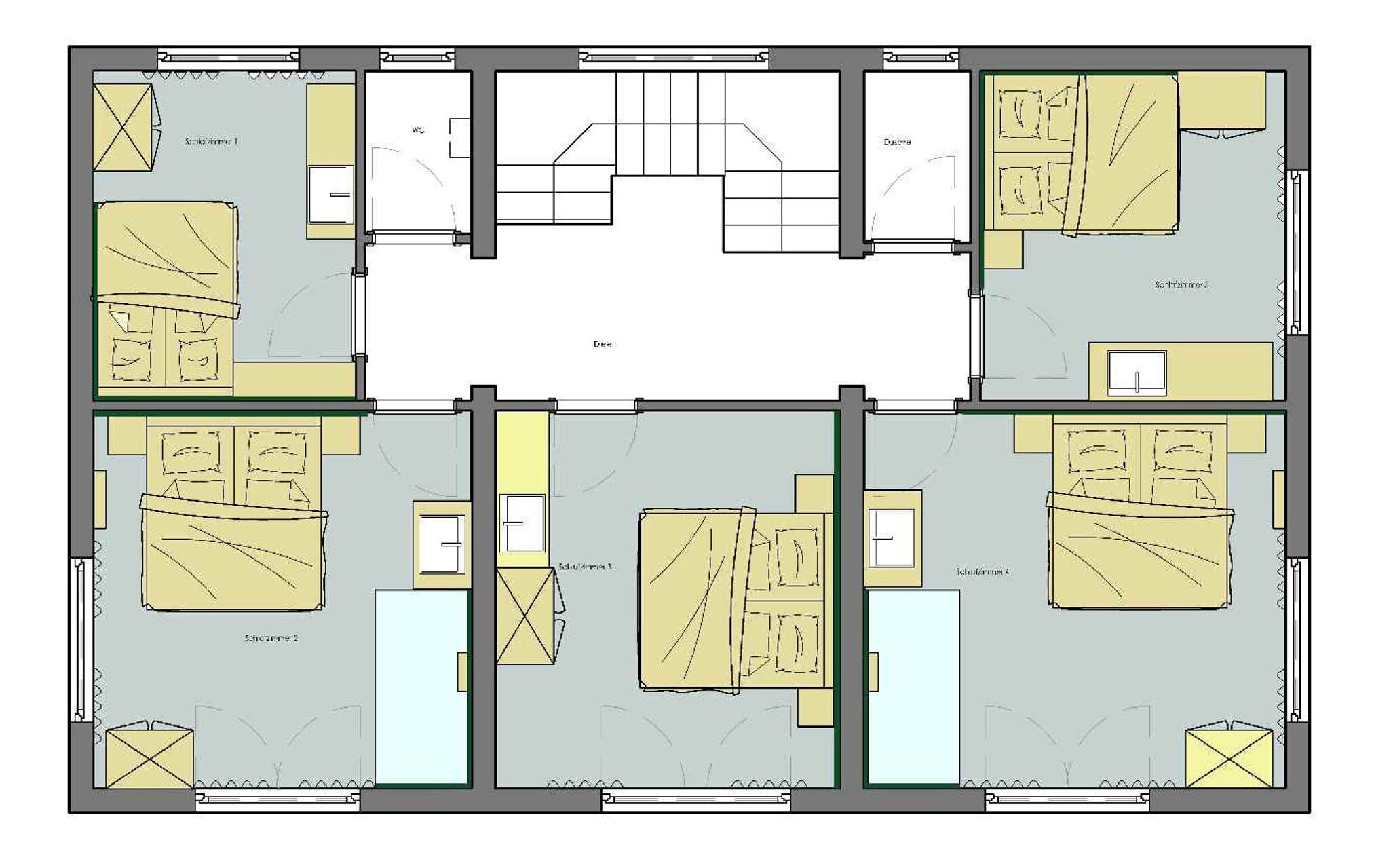 A floor plan with multiple rooms, including a large central area, several bedrooms, a bathroom, and a kitchen.