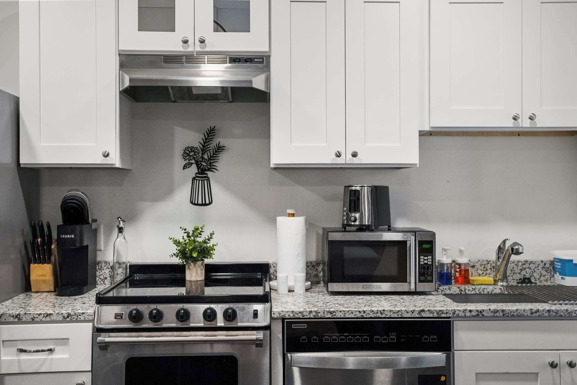 Een koelkast, een magnetron, een kookplaat, een vaatwasser